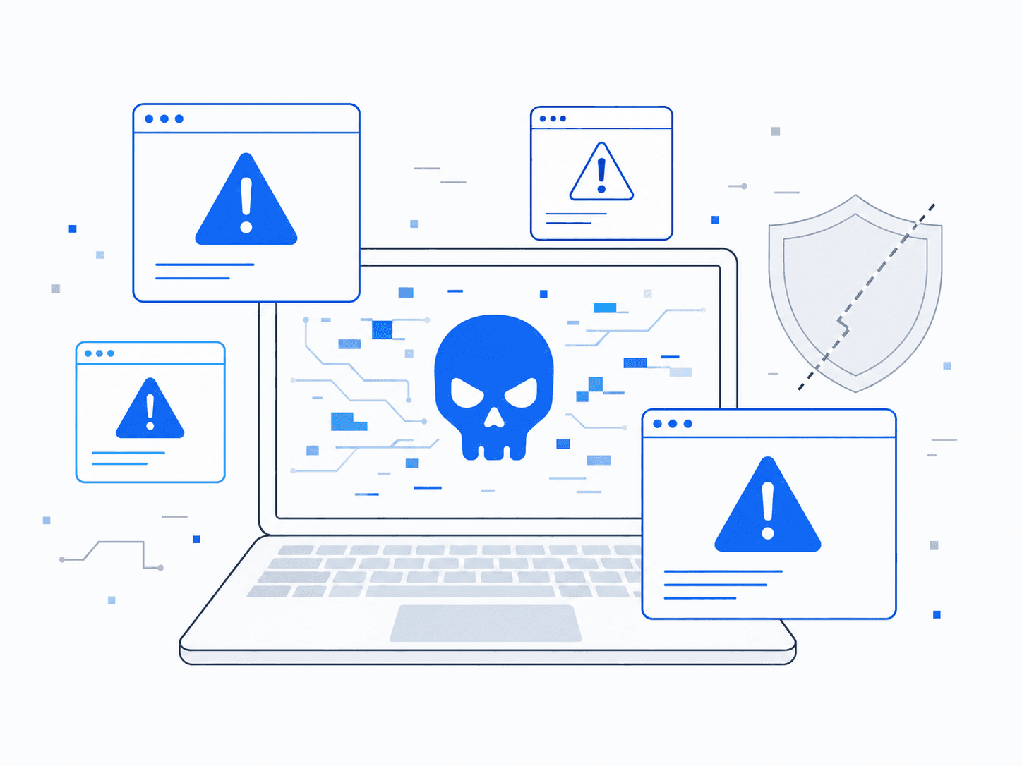 An infected laptop showing fake alerts with security disabled