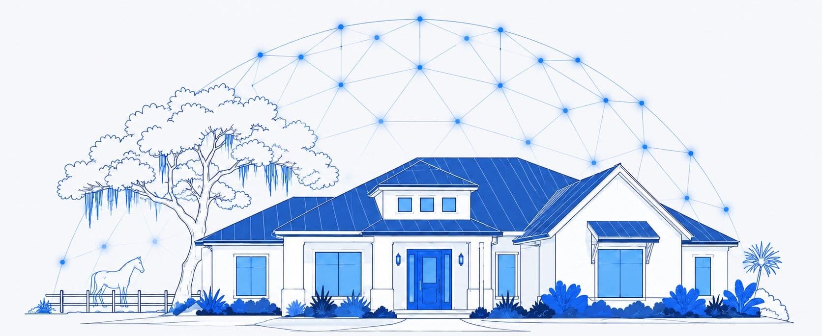 An Ocala home in horse country with its laptop, router, and phone connected under a glowing network dome