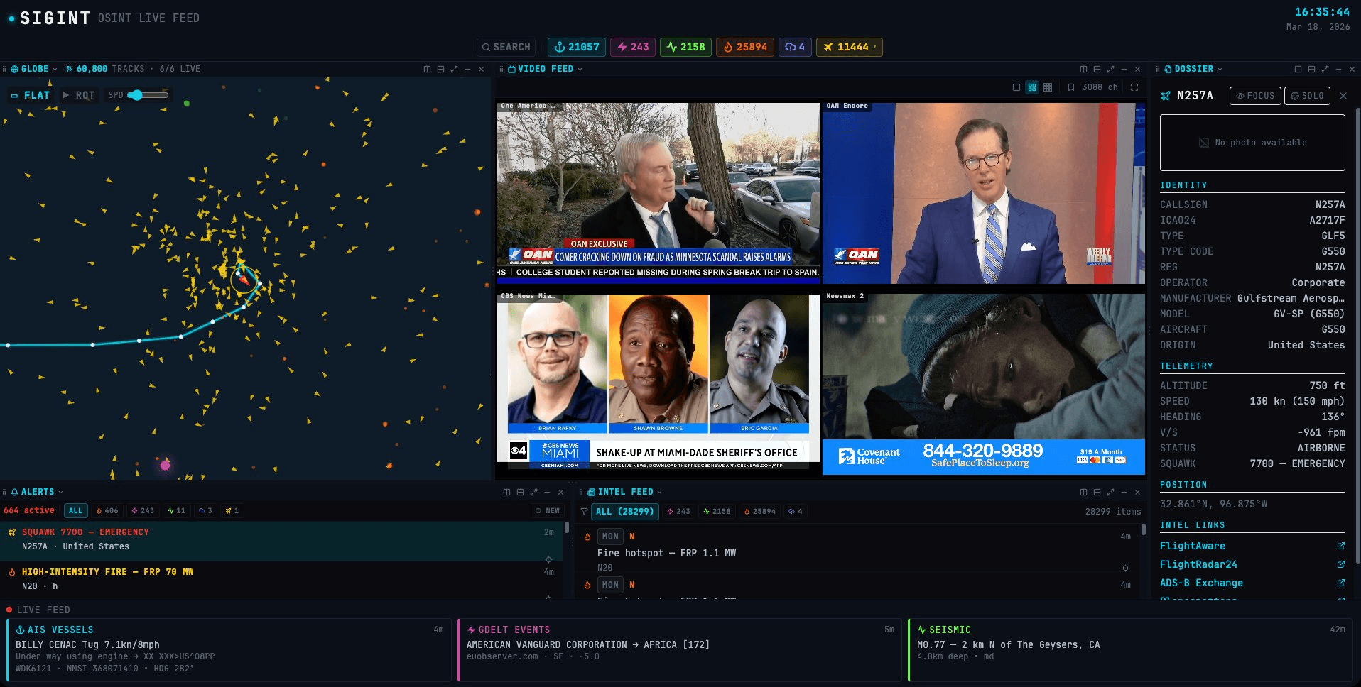 SIGINT detecting a 7700 emergency squawk with trail tracking, dossier, and live video feeds