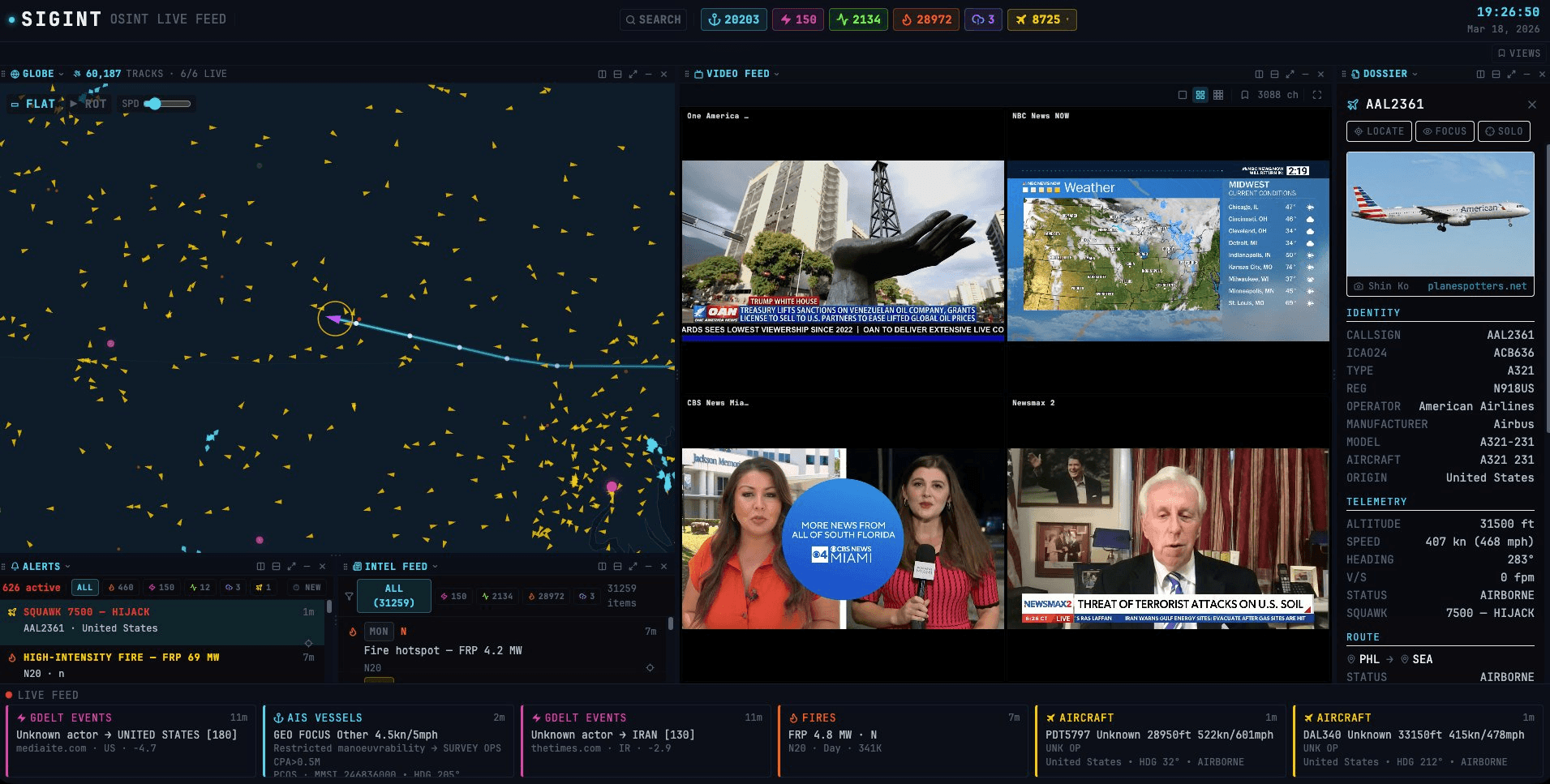 SIGINT tracking a squawk 7500 hijack code with trail rendering and aircraft dossier with photo